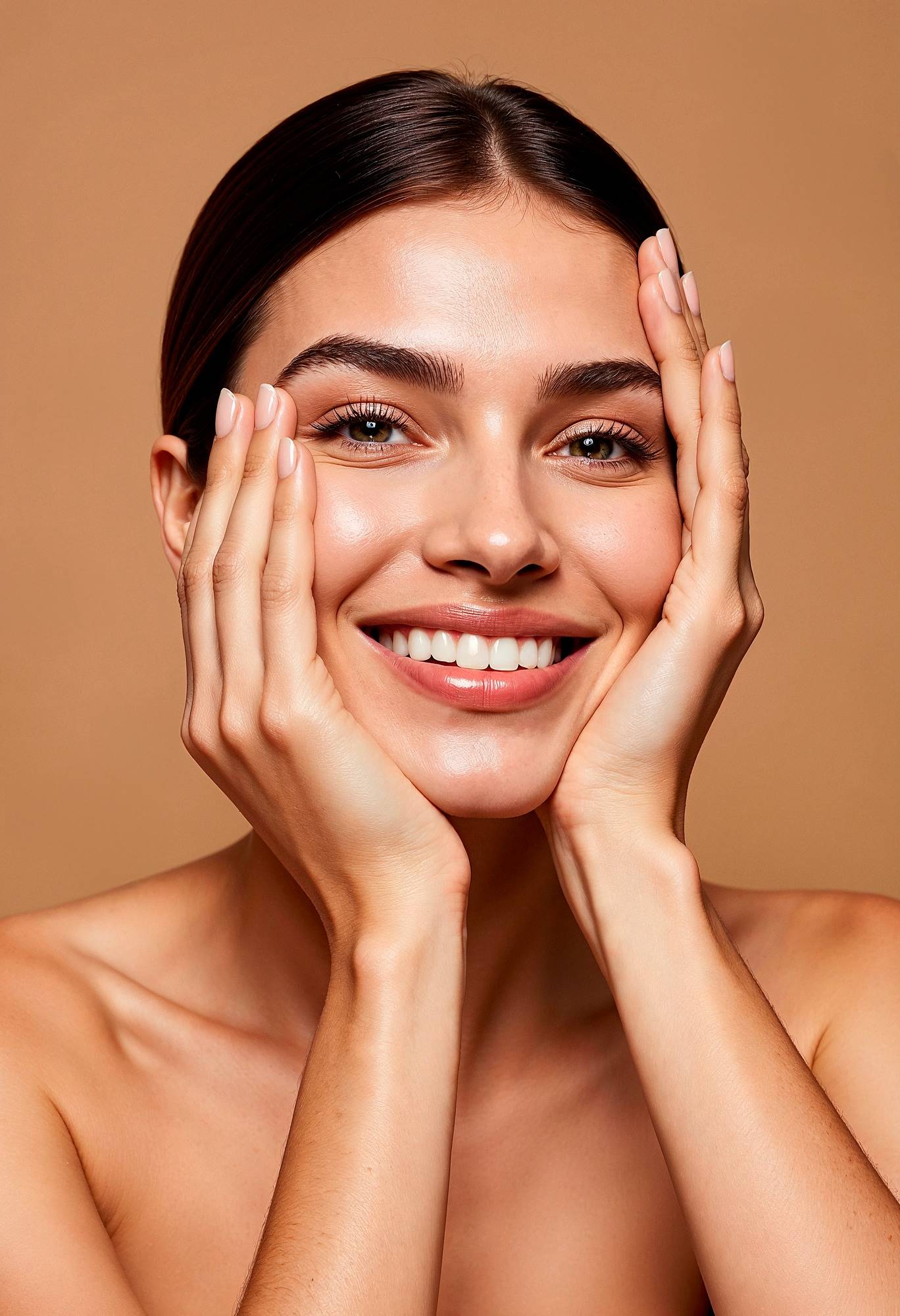 Mulher sorrindo com as mãos no rosto sentindo sua pele com firmeza e cuidado com rotina de Skincare com os produtos da Bekali Cosmetics