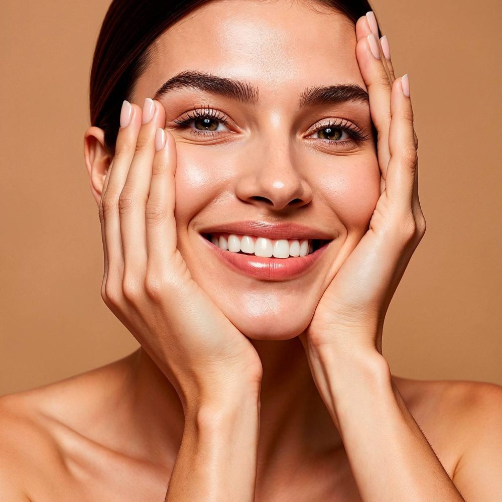 Mulher sorrindo com as mãos no rosto sentindo sua pele com firmeza e cuidado com rotina de Skincare com os produtos da Bekali Cosmetics