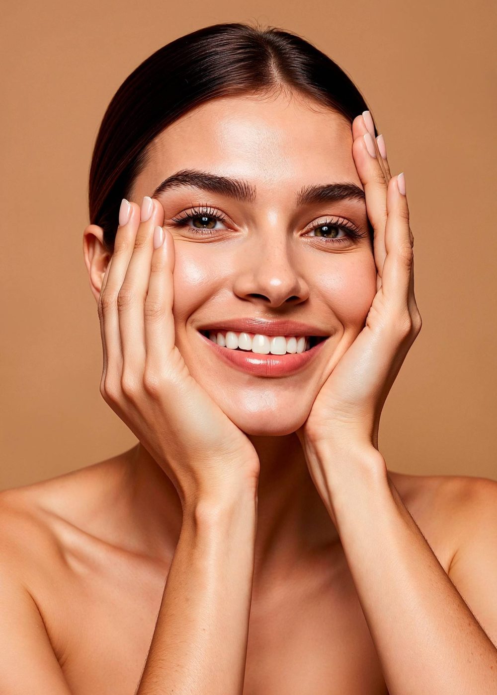 Mulher sorrindo com as mãos no rosto sentindo sua pele com firmeza e cuidado com rotina de Skincare com os produtos da Bekali Cosmetics